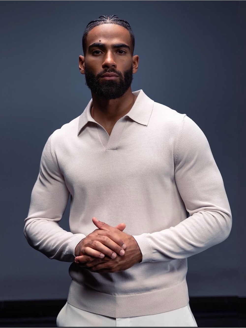 CUTS | Beige Riviera Knit Long Sleeve Minimalist Polo Shirt | Size M